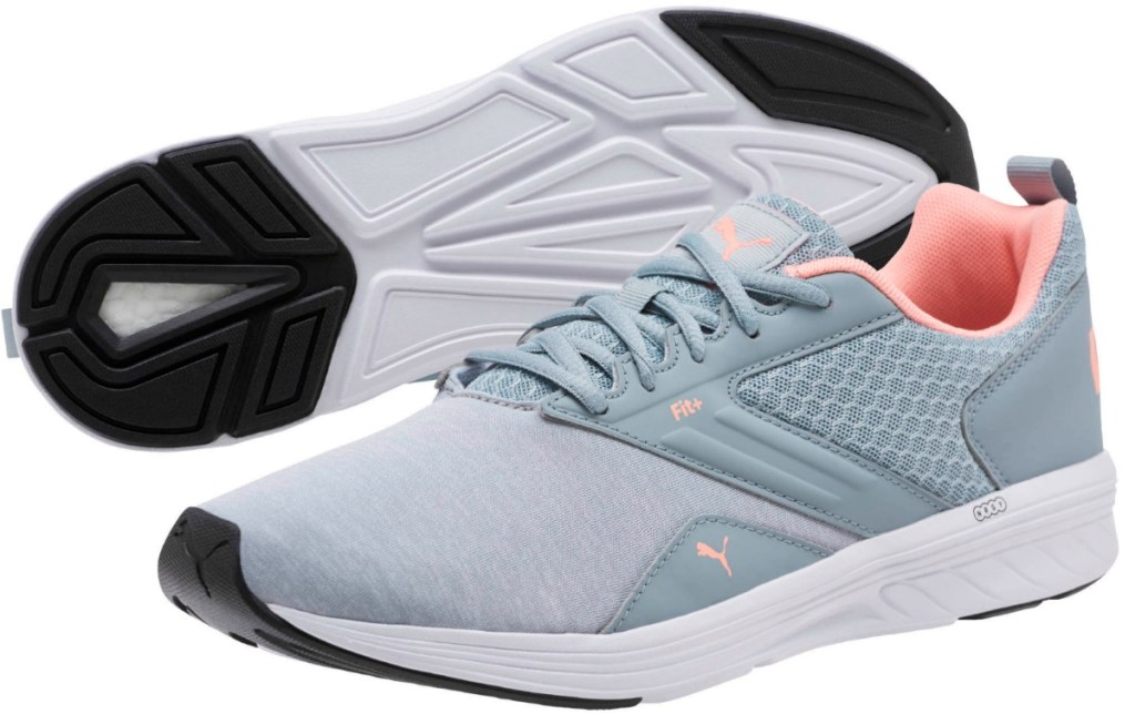 gray Puma running shoes with orange highlights