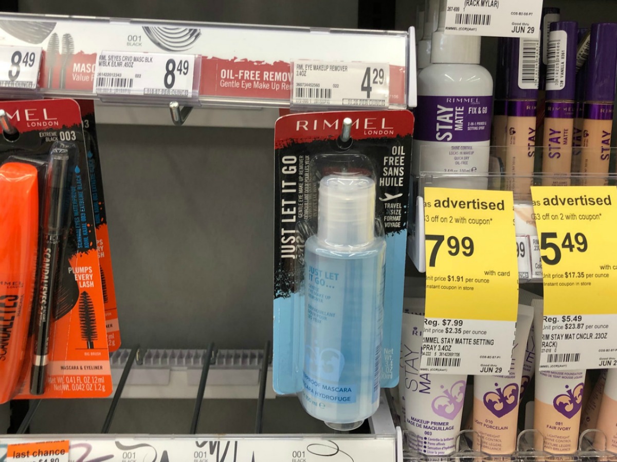 rimmel eye makeup remover hanging on peg in walgreens cosmetics section