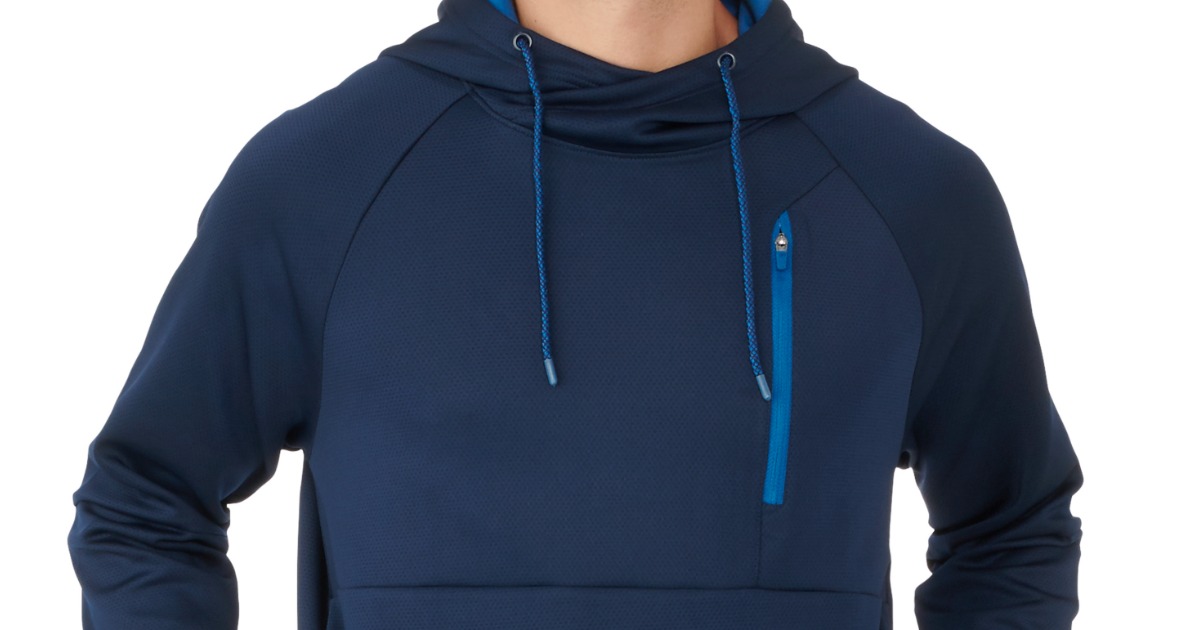 man modeling a blue hoodie