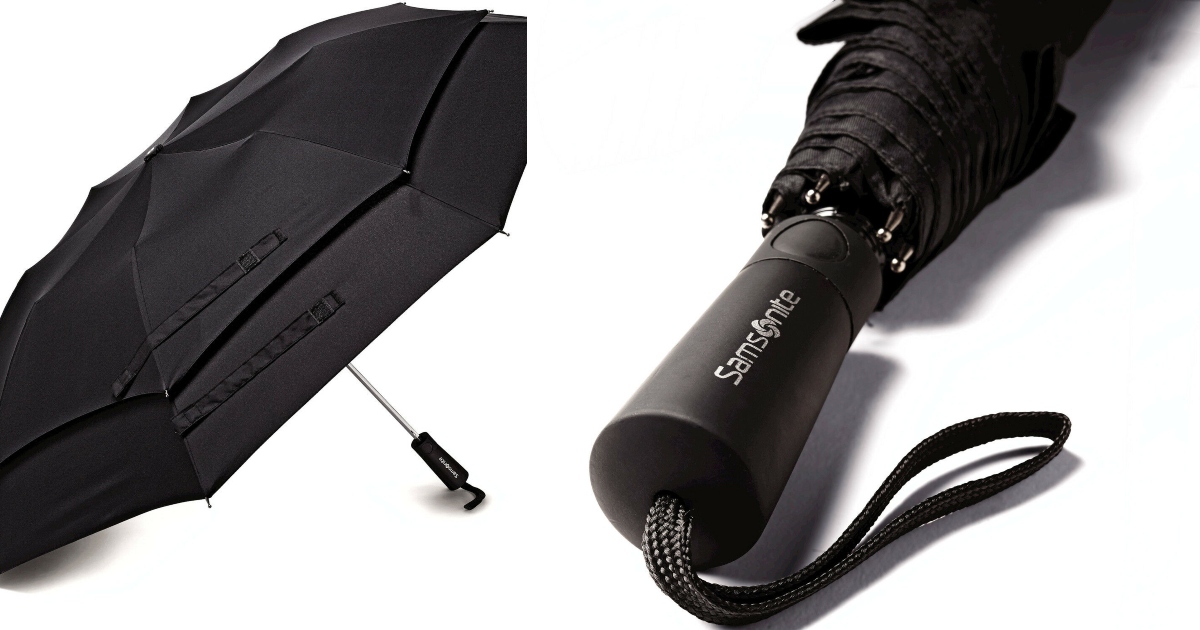 Open black umbrella on the left, closed umbrella with Samsonite on Handle on the right