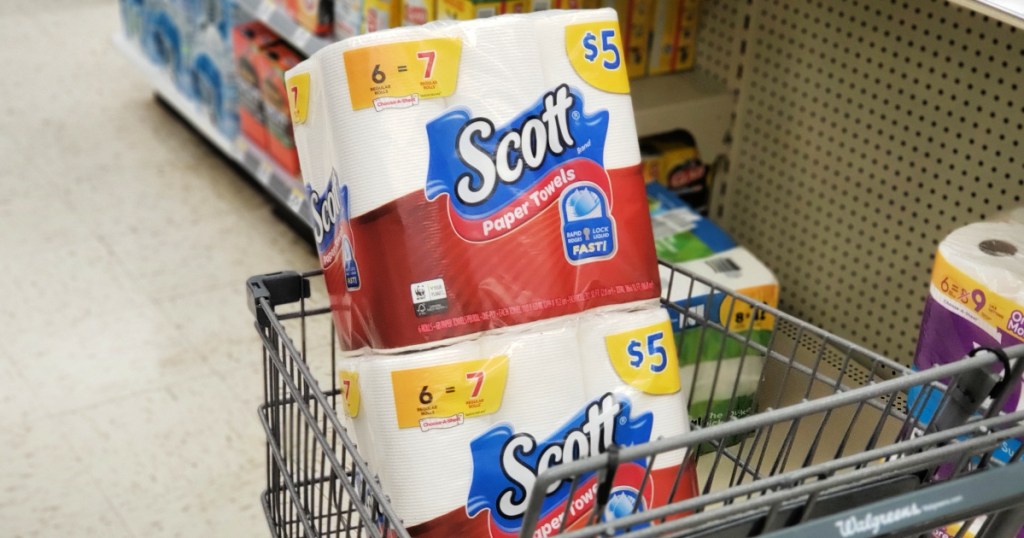 Two packs of scott paper towels in walgreens cart