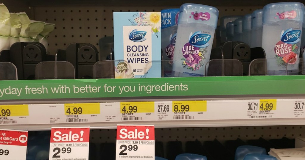 Secret Body Cleansing Wipes on shelf at Target 