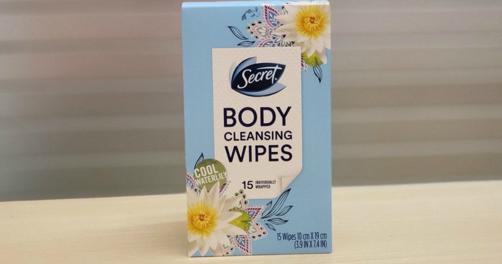 Secret Body Cleansing Wipes 15-Count in box on counter 