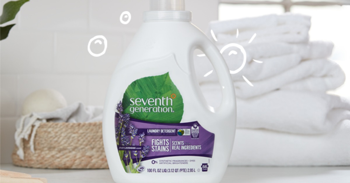 large bottle of seventh generation detergent in front of folded stack of towels