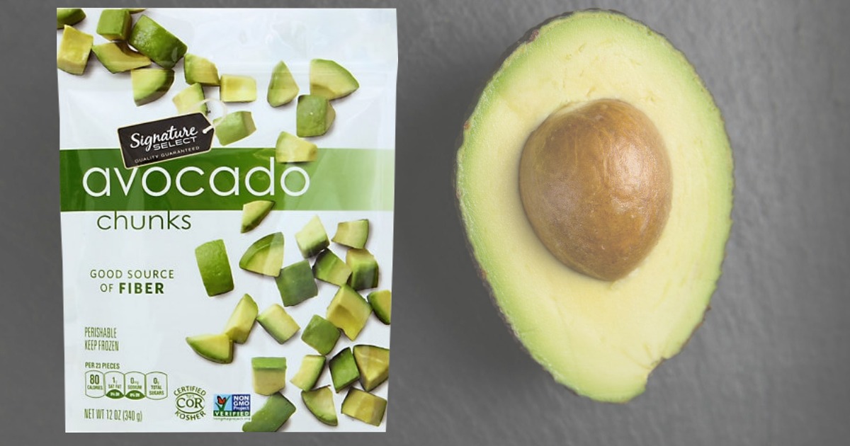 signature select avocado bag overlaid on table with cut avocado
