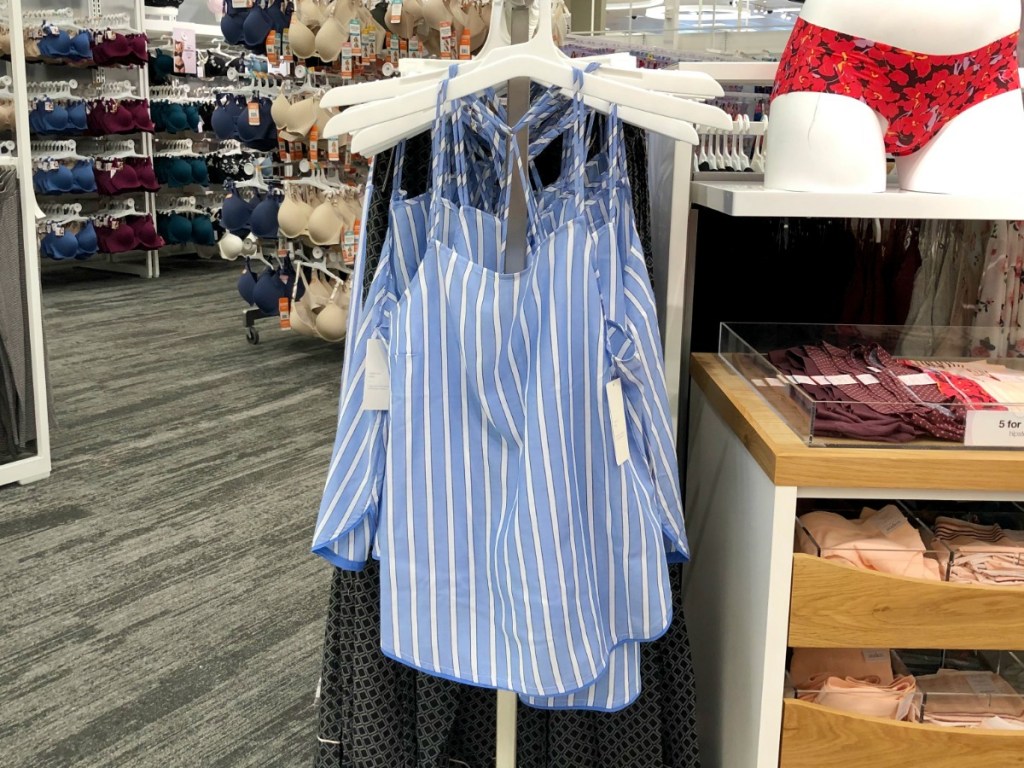 blue and white striped pajama cami on hanger