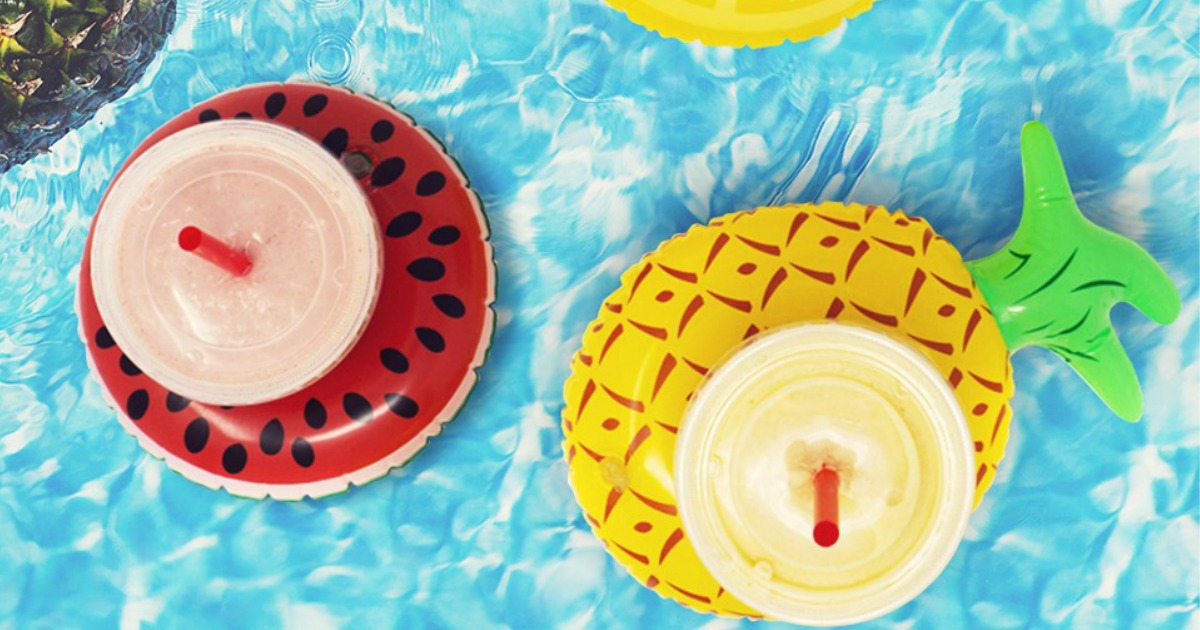 smoothies on coasters floating in pool