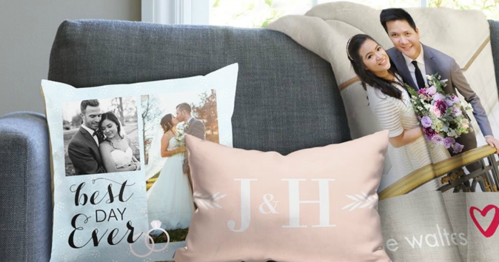 Snapfish photo blanket with personalized pillows on couch