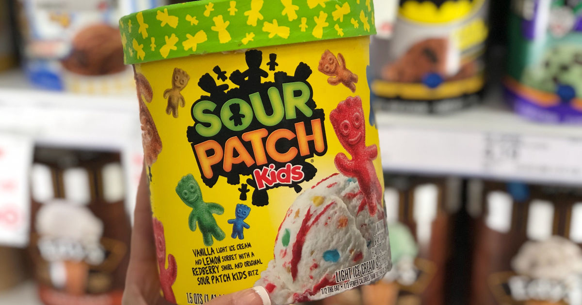 sour patch kids ice cream being held in store