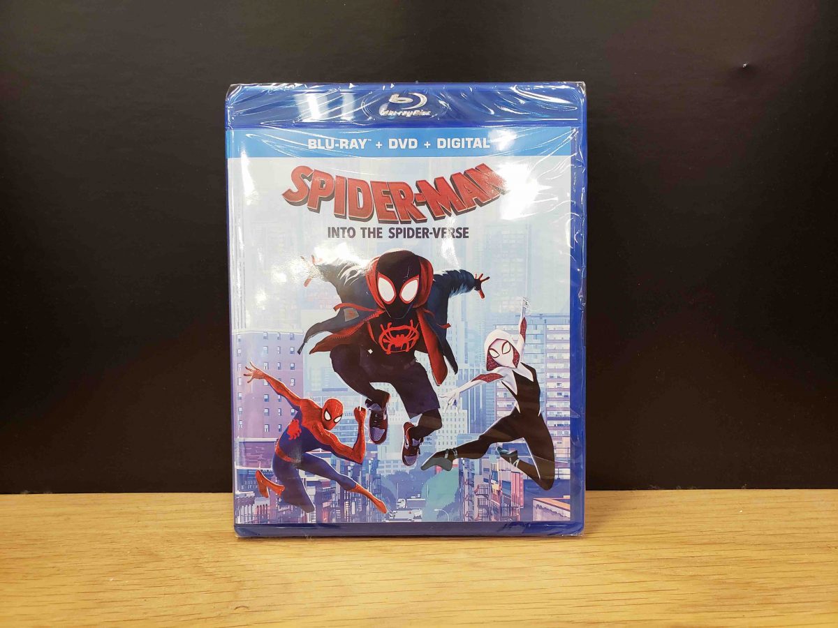Spider-Man into the Spider-Verse movie sitting on shelf
