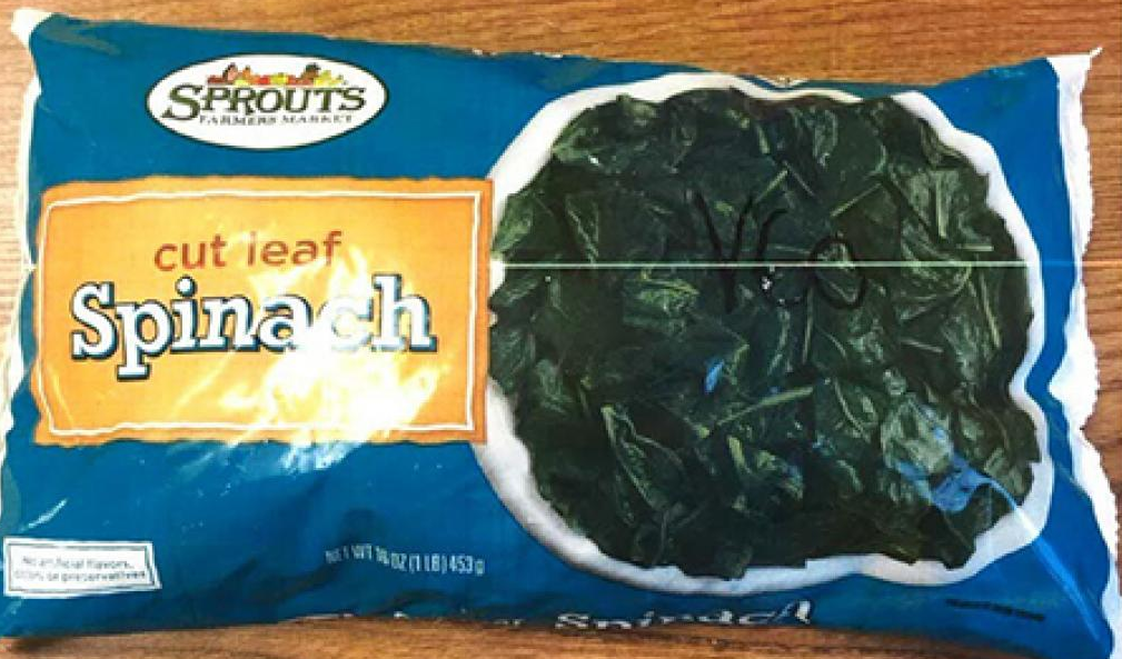 Sprouts Frozen Cut Leaf Spinach bag on counter
