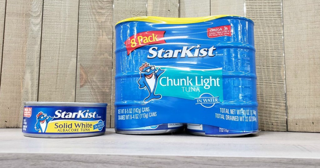 an 8-pack of Starkist tuna next to a single can of tuna