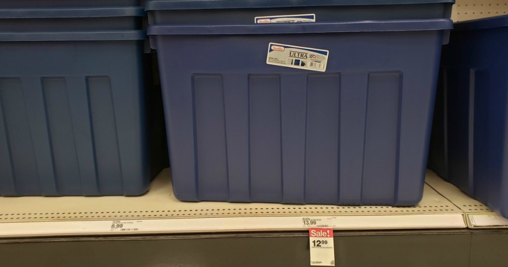 blue sterelite storage bins on target shelf
