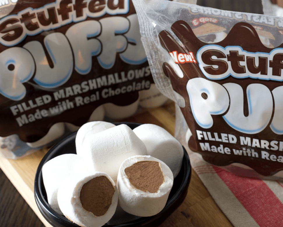 Stuffed Puffs Chocolate Filled Vanilla Marshmallows cut in half