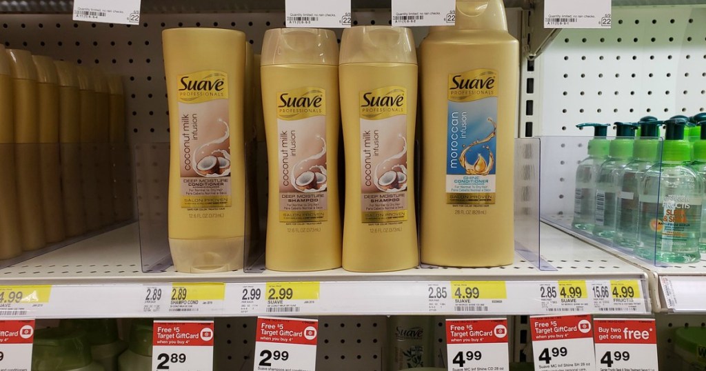 suave hair care bottles on shelf at store with price tags