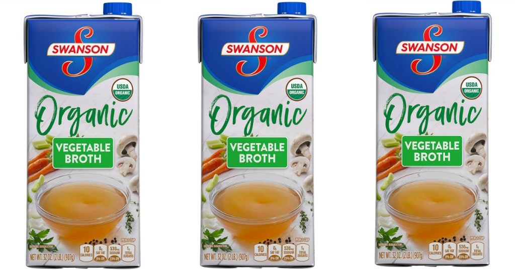 three cartons of swanson organic vegetable broth
