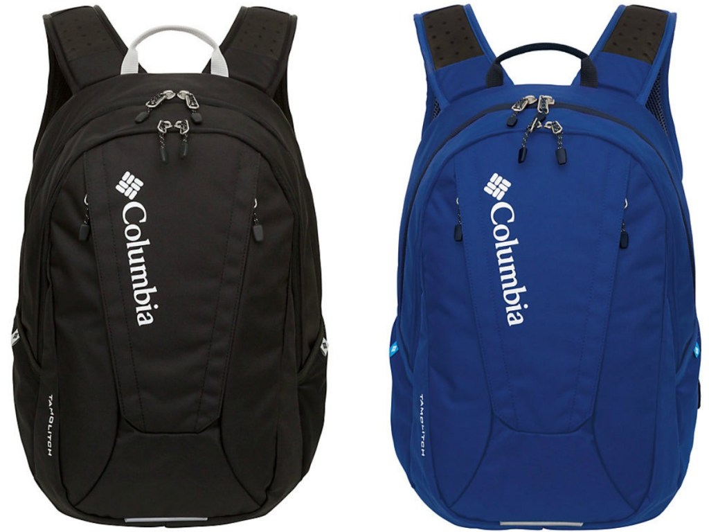 a blue backpack and a black backpack