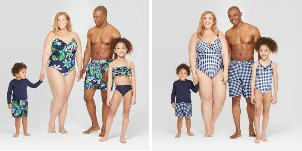 man, woman, girl, and boy wearing matching swimwear
