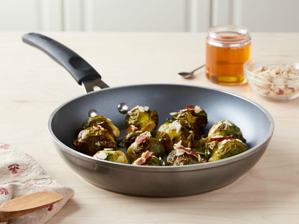 pan with brusselsprouts in pan sitting on counter