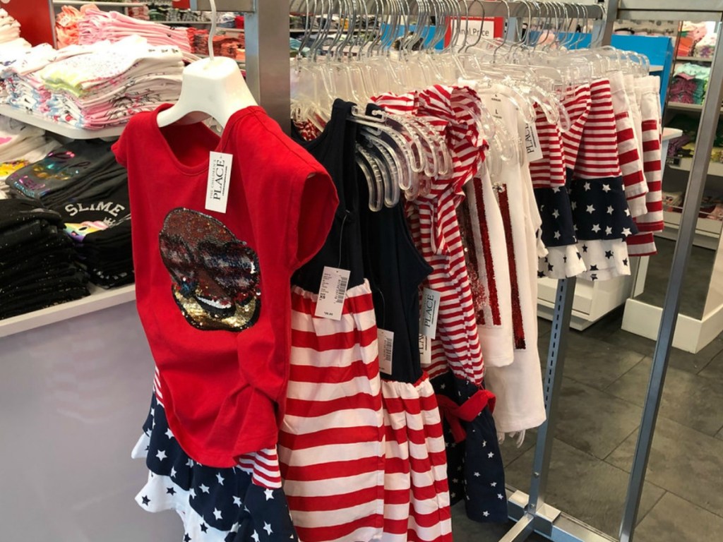 A rack full of patriotic clothing at The Children's Place