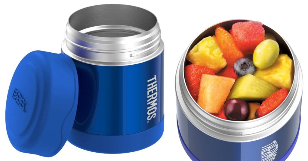blue stainless steel jar both empty and full of fruit