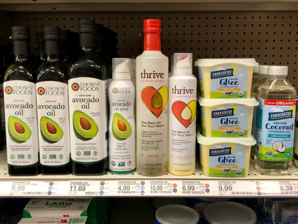 thrive cooking oils on shelf in store with other oils on the shelf as well