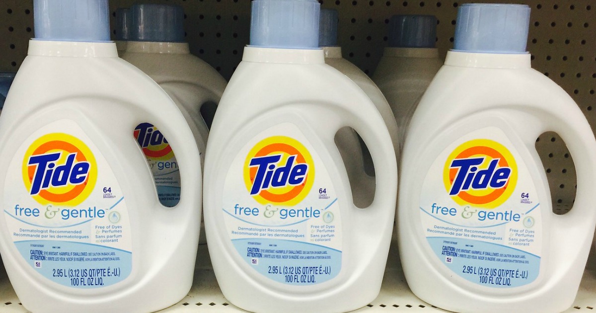 tide free & gentle liquid laundry detergent bottles lined up in store