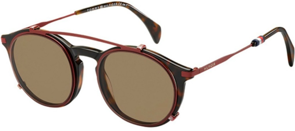 brown sunglasses with wire frames over ears and thick brown acetate around lenses