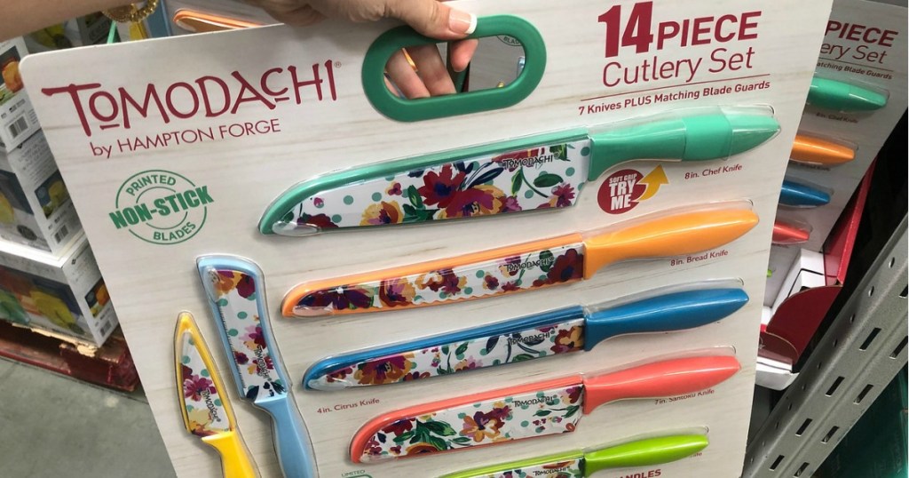 set of colorful knives at store