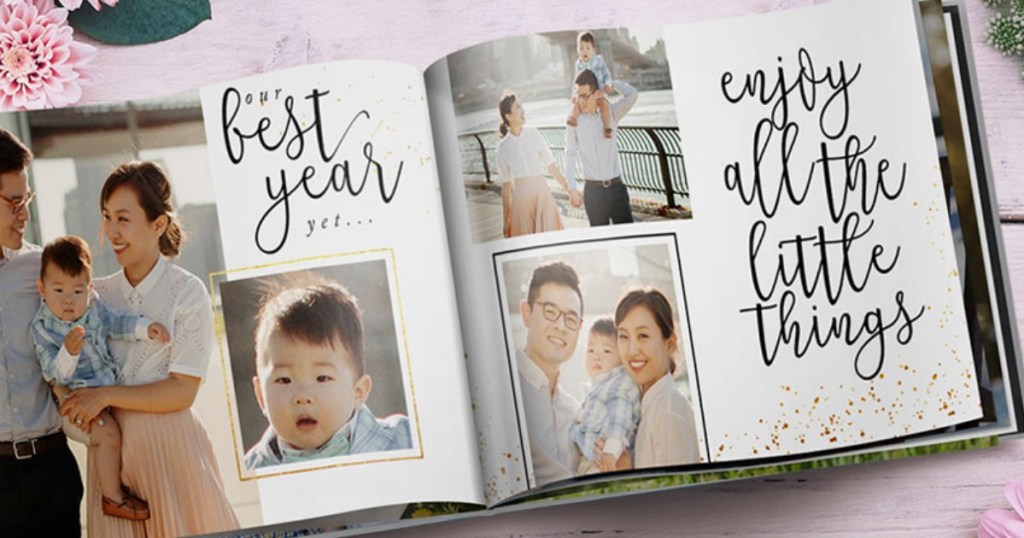 Photo book featuring a couple with toddler in various poses