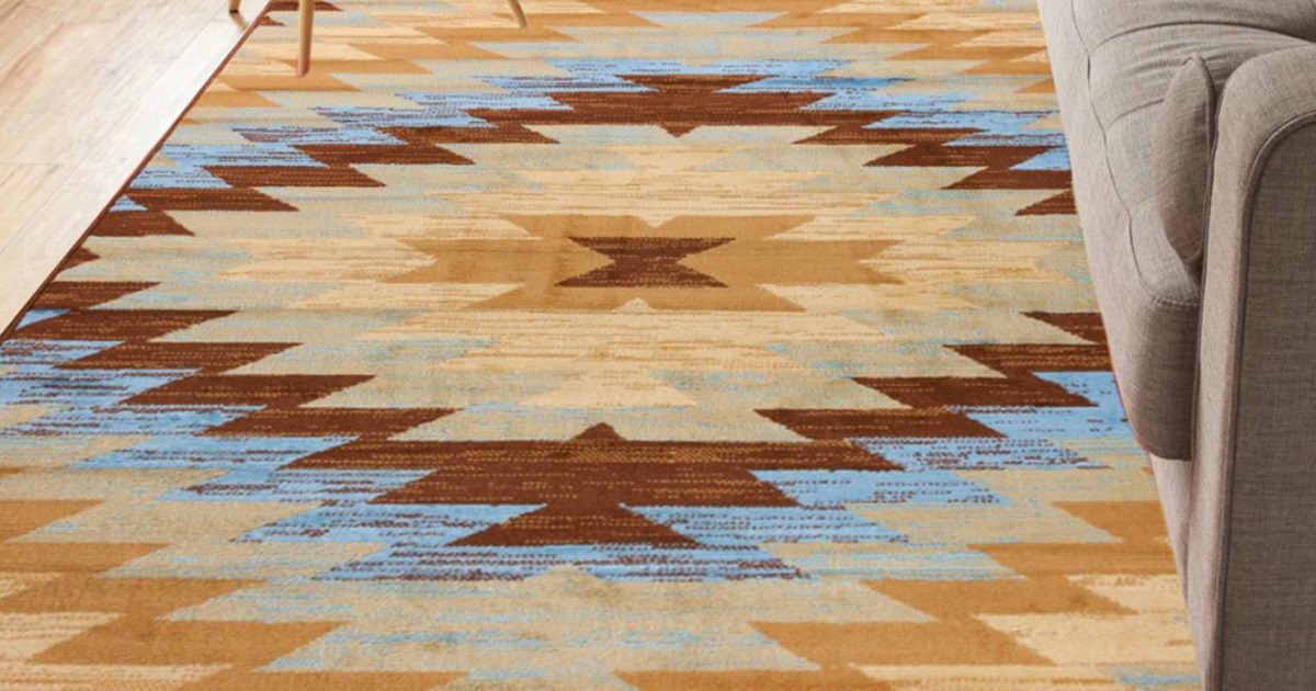 blue and brown colored geometric woven area rug 