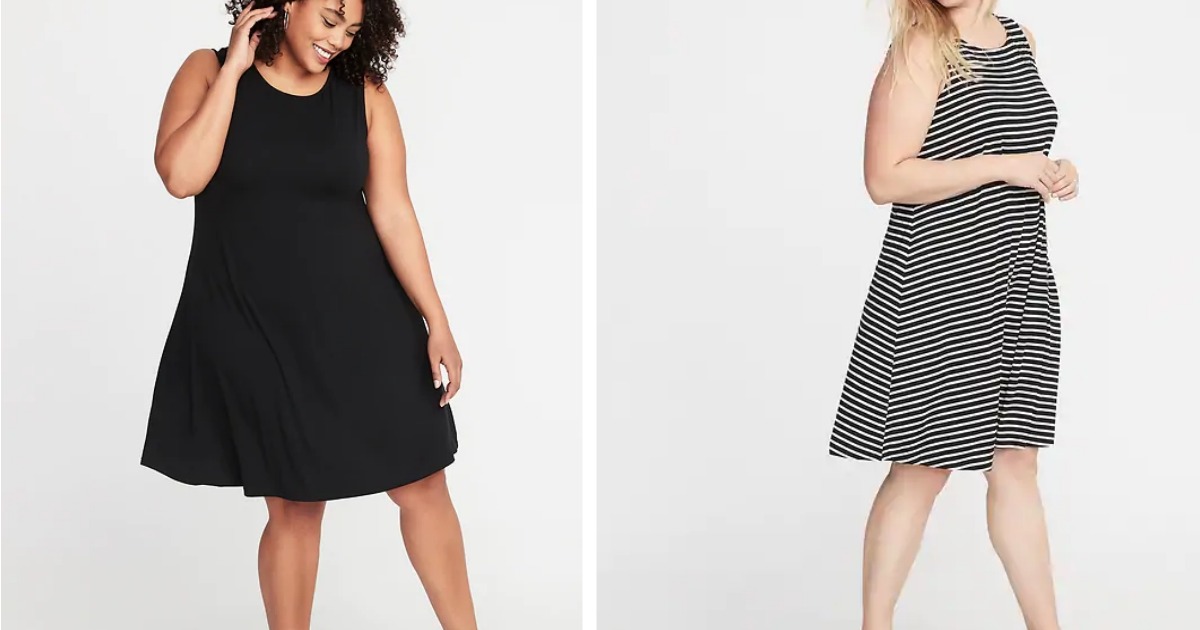 Sleeveless black and black-and-white striped dresses being modeled by plus-size women
