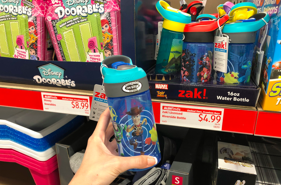 Woman holding Toy Story 4 Zak Water Bottle in ALDI