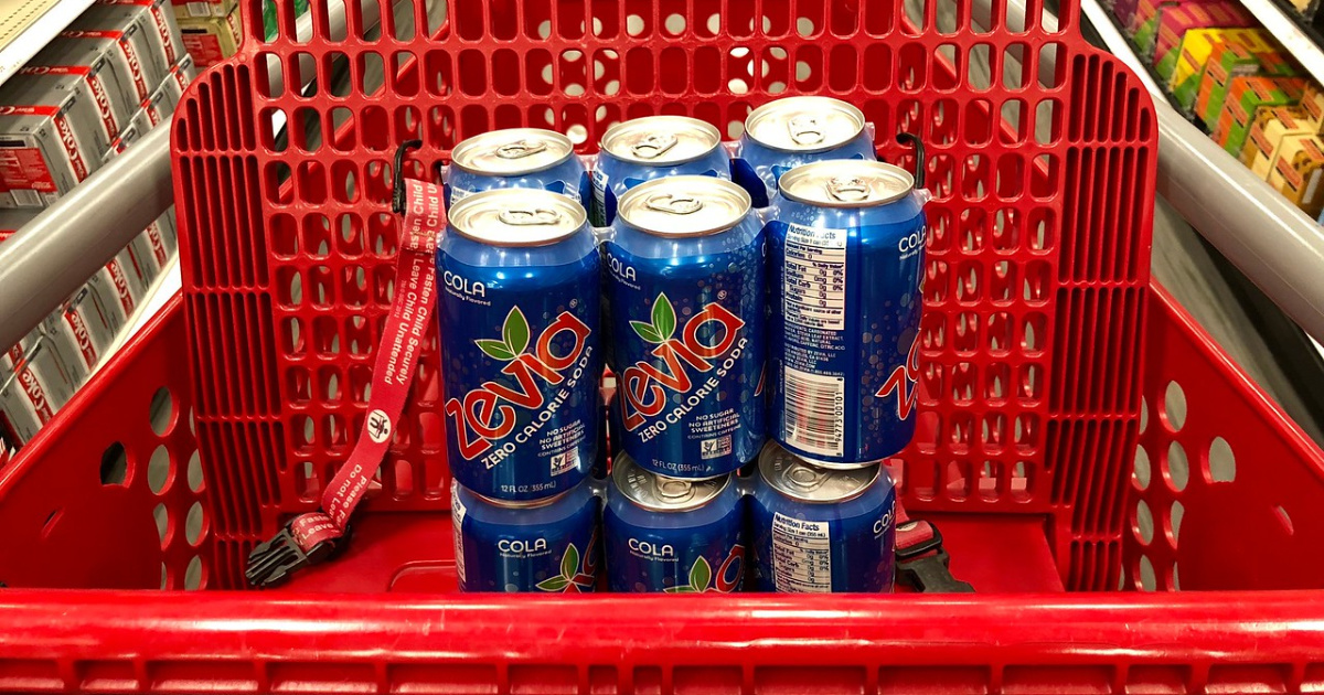 zevia 6 packs stacked in a Target cart