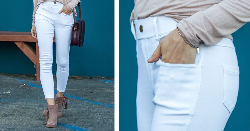 Woman wearing amaryllis white crop jeggings in brown heals with side shot