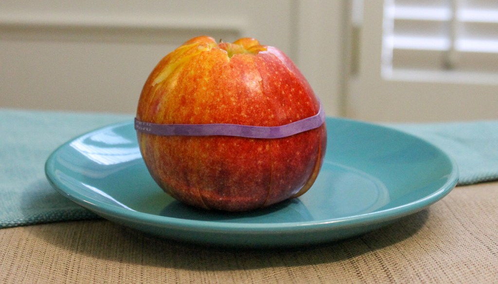 rubber band holding apple slices together
