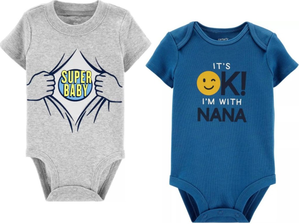 two baby boy bodysuits with words and images on them