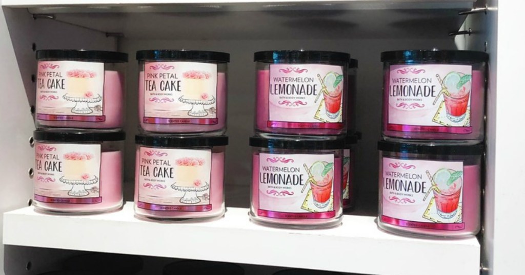 pink petal tea cake candle and watermelon lemonade candles displayed on store shelf