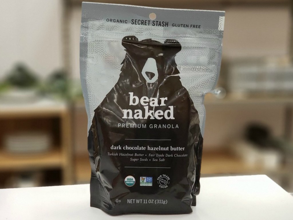 bag of granola on counter with bear on package