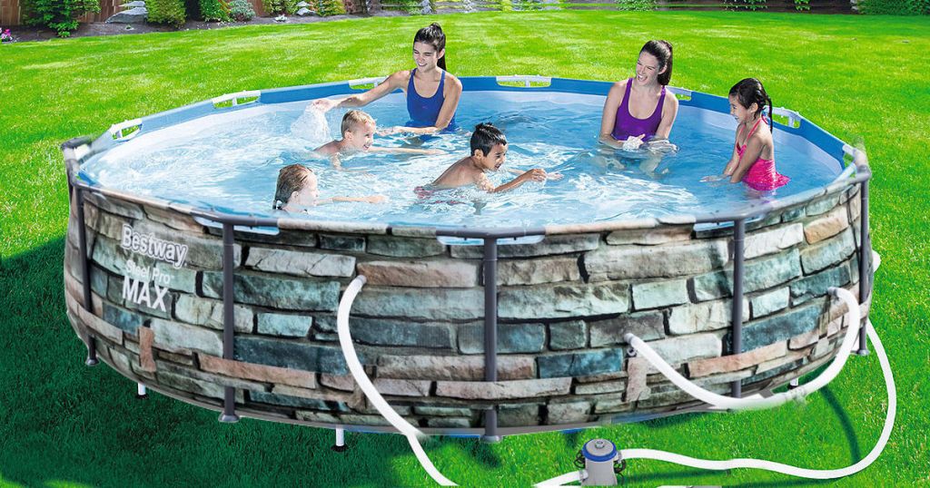 Stone outter looking bestway steel pro max above ground pool with family in pool