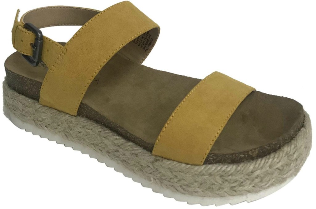 sandal with yellow straps and jute wrapped around the sole