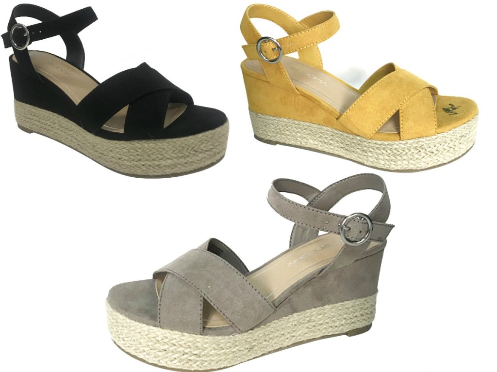 pairs of sandals in black, grey and yellow