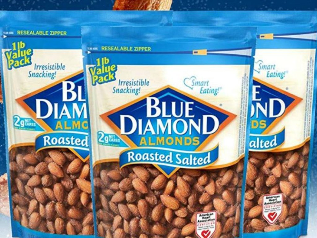 three bags of blue diamond almonds