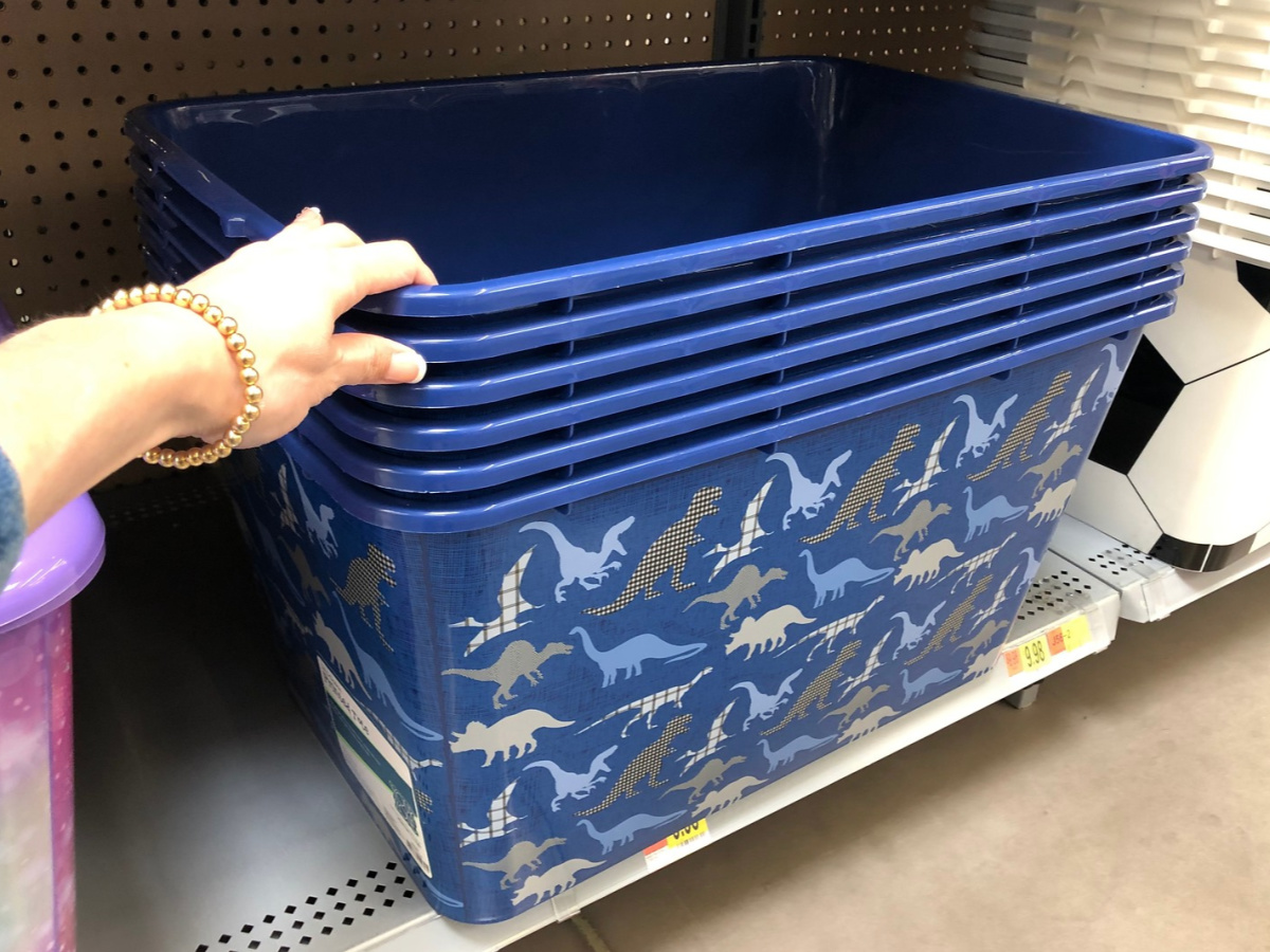 blue plastic totes on a store shelf printed with dinosaurs