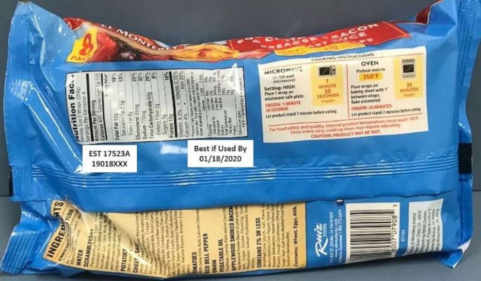 wrapper of el monterey burritos with recall information highlighted
