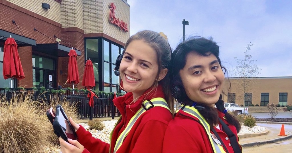 two girls working outside Chick-fil-A