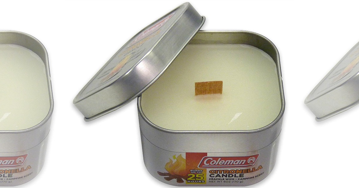Coleman Campfire scented, Citronella candle in a tin container with the lid laid to the side