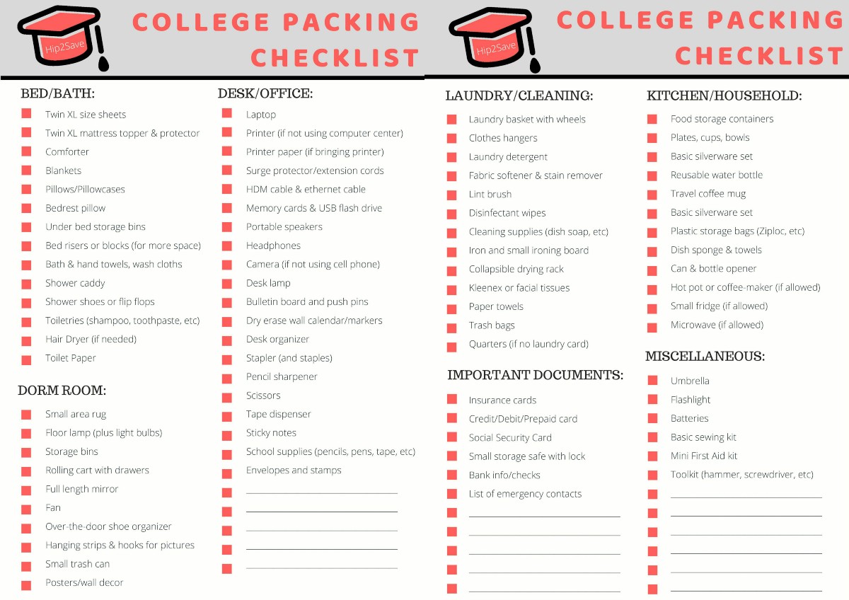 undergraduate college dorm room checklist
