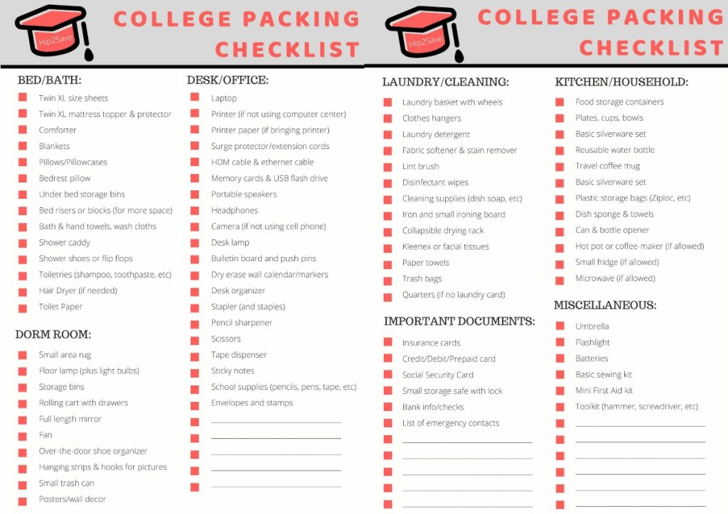 printable college packing list