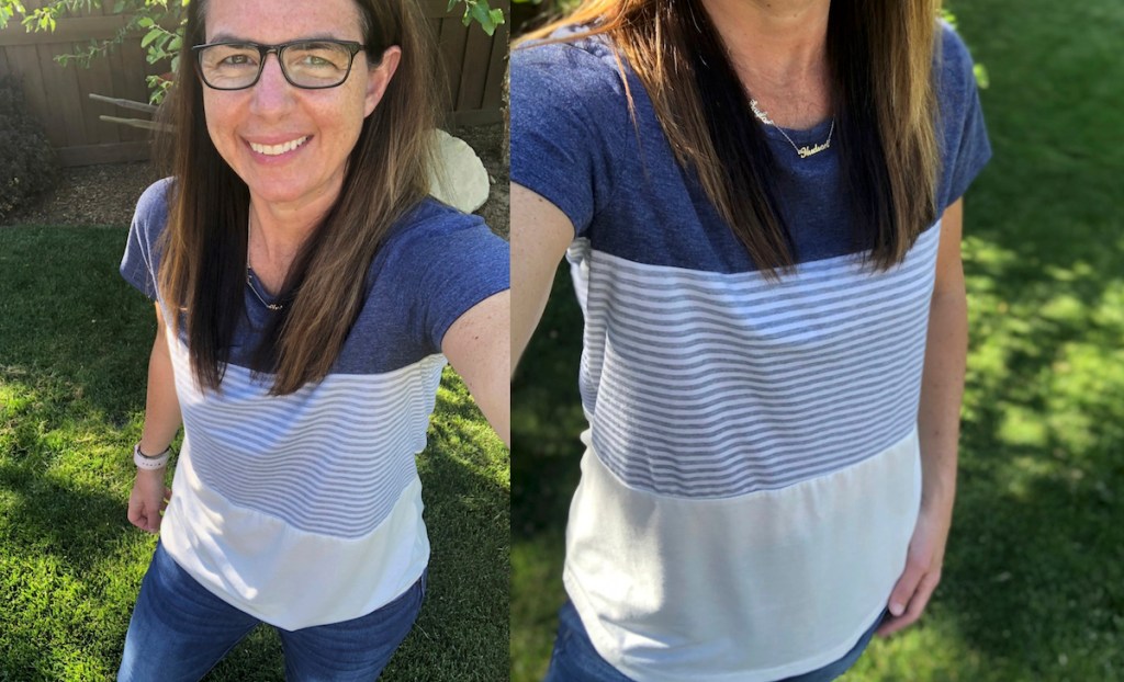 side by side of woman wearing blue and white color block t-shirt with black glasses